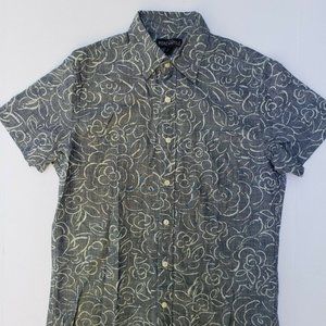 NEW J CREW Mercantile MEN Small GRAY BLUE SLIM Pocket Chambray Floral Rose Shirt